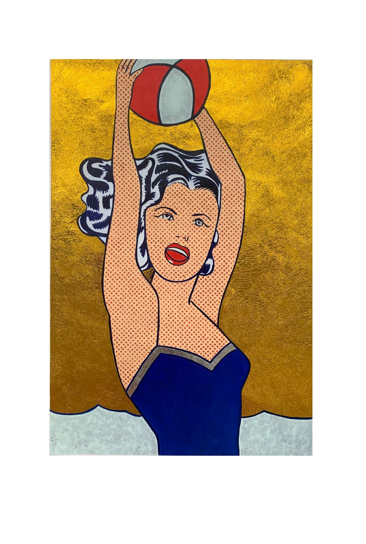 Girl with Ball – Hand-Painted Oil on Canvas in the Style of Roy Lichtenstein’s Iconic Pop Art