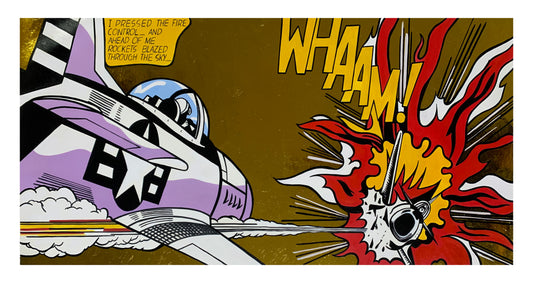 Roy Lichtenstein's Whaam! Vibrant Pop Art Oil Painting on Canvas, Hand-Painted with Luxurious Gold Leaf Background IN STOCK & Ready to Ship